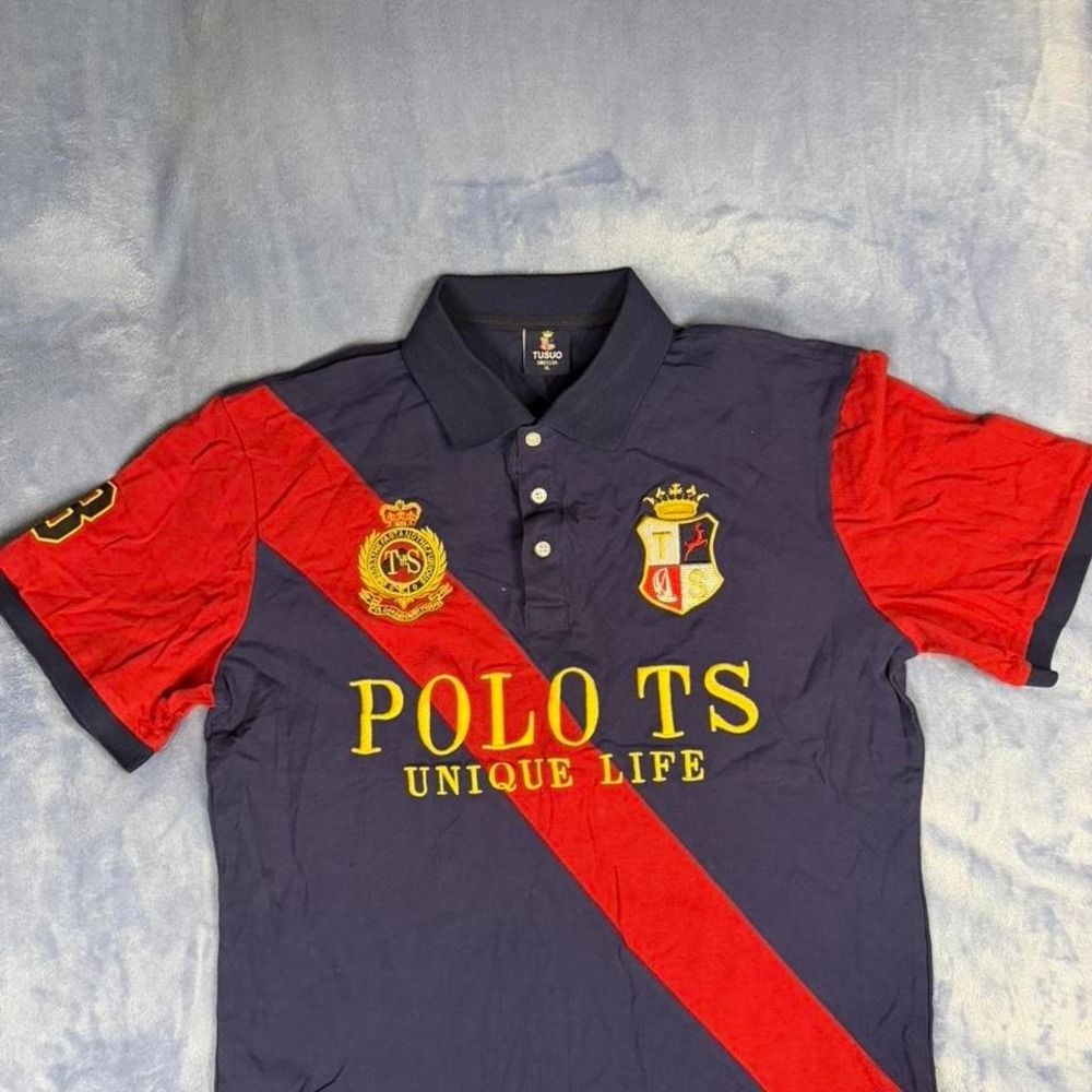 Tusuo Navy blue‎ and red striped polo shirt with embroidered logo. Men Size: XL